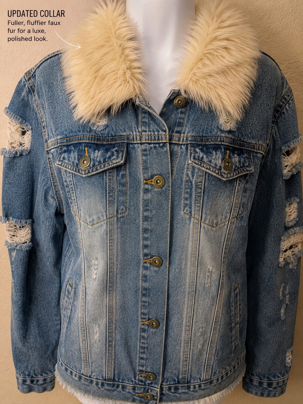 The Style Between Us Distressed Denim Jacket Faux Fur Collar Western